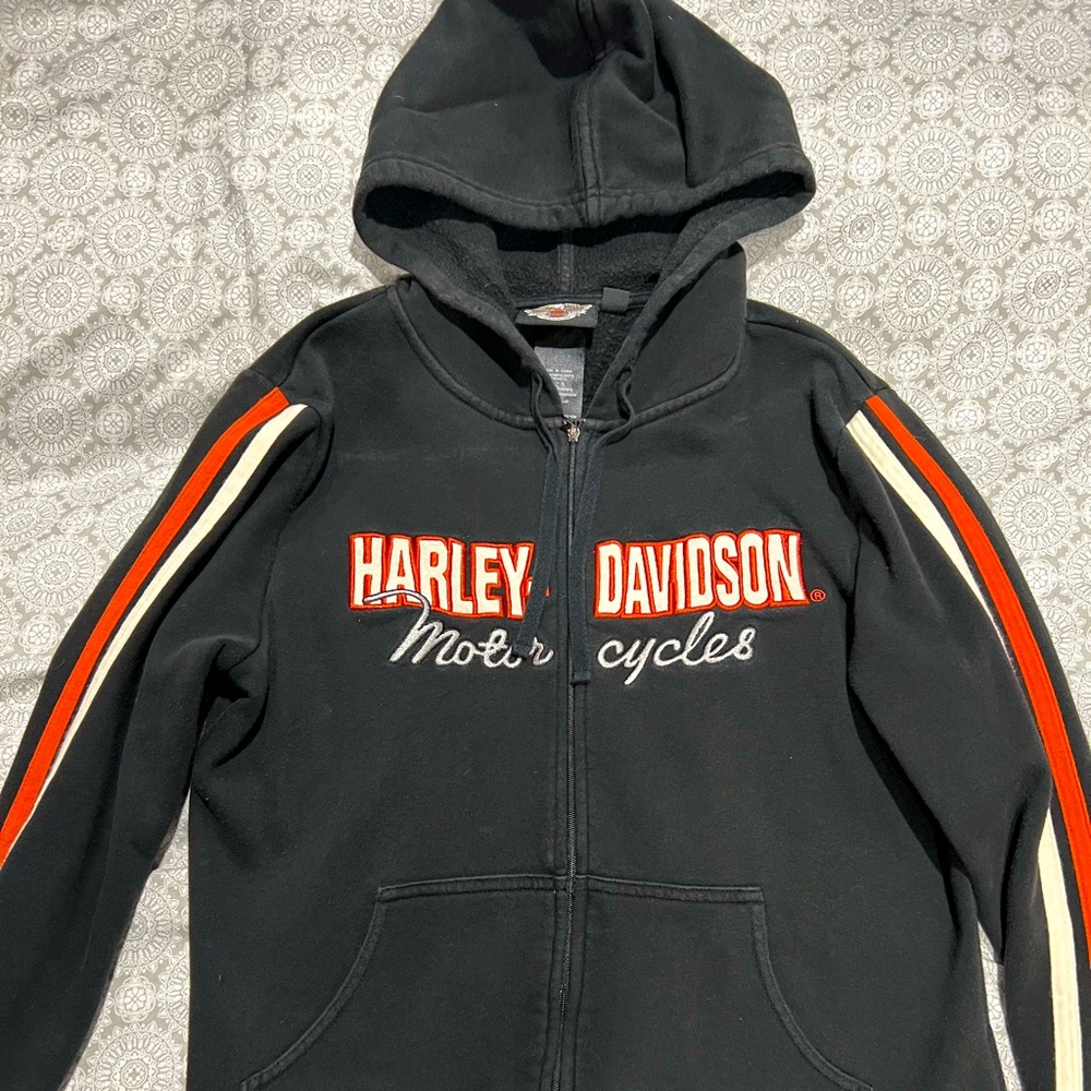 Harley-Davidson Black Hoodie with Orange and White Stripes